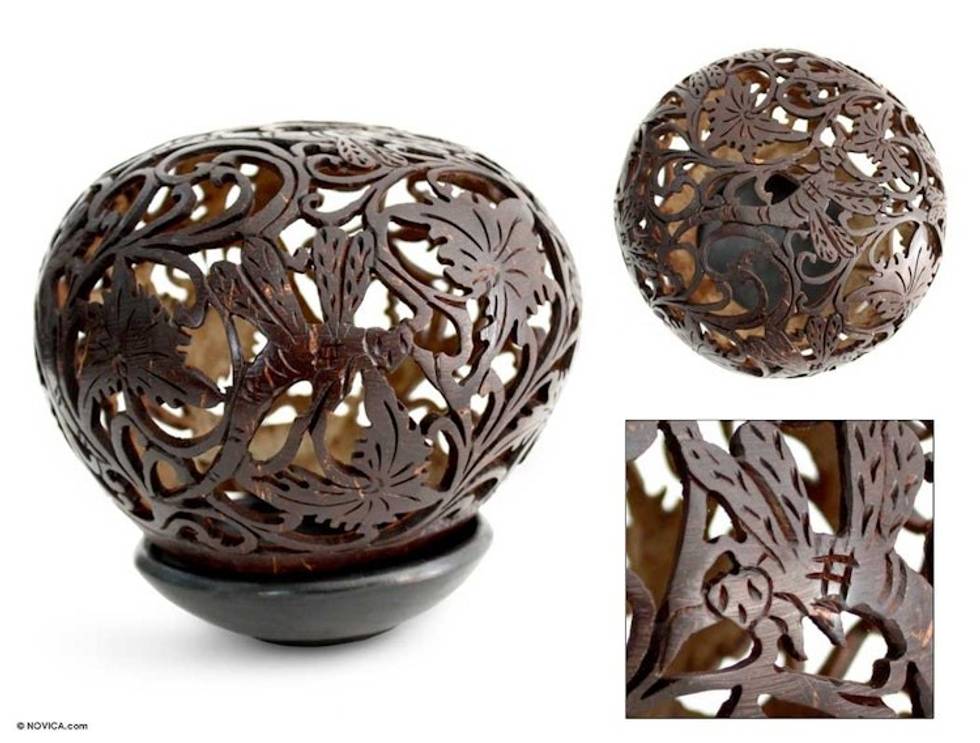 Coconut Shell Sculpture with Stand 'Dancing Dragonflies'