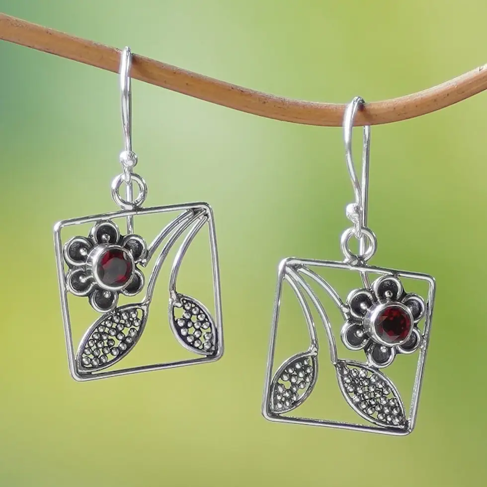 Hand Made Garnet and Sterling Silver Dangle Earrings 'Bali Daisy'