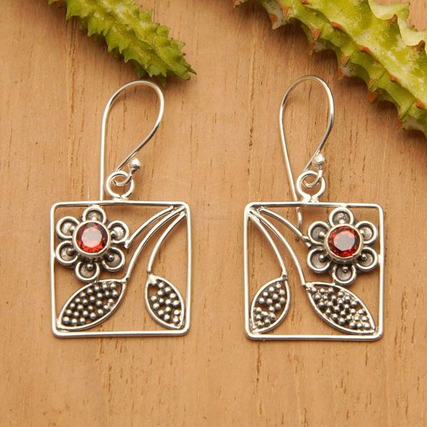Alternate image for Hand Made Garnet and Sterling Silver Dangle Earrings Bali Daisy