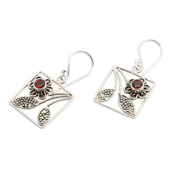 Alternate image for Hand Made Garnet and Sterling Silver Dangle Earrings Bali Daisy