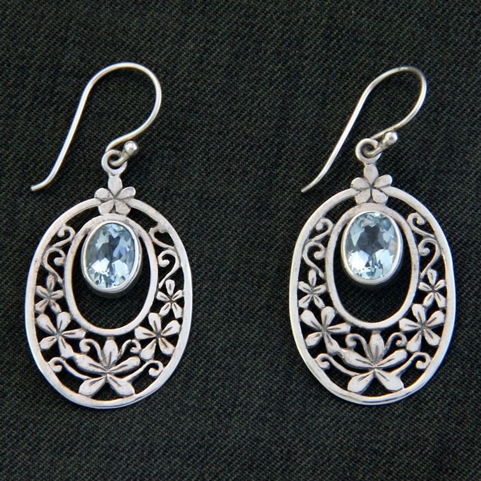 Hand Crafted Blue Topaz and Sterling Silver Dangle Earrings 'Jasmine Raindrops'