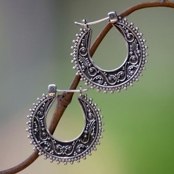 Alternate image for Artisan Crafted Sterling Silver Hoop Earrings Kuta Moon