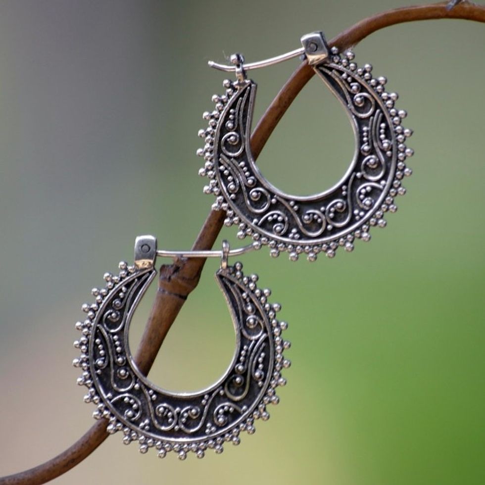 Artisan Crafted Sterling Silver Hoop Earrings 'Kuta Moon'