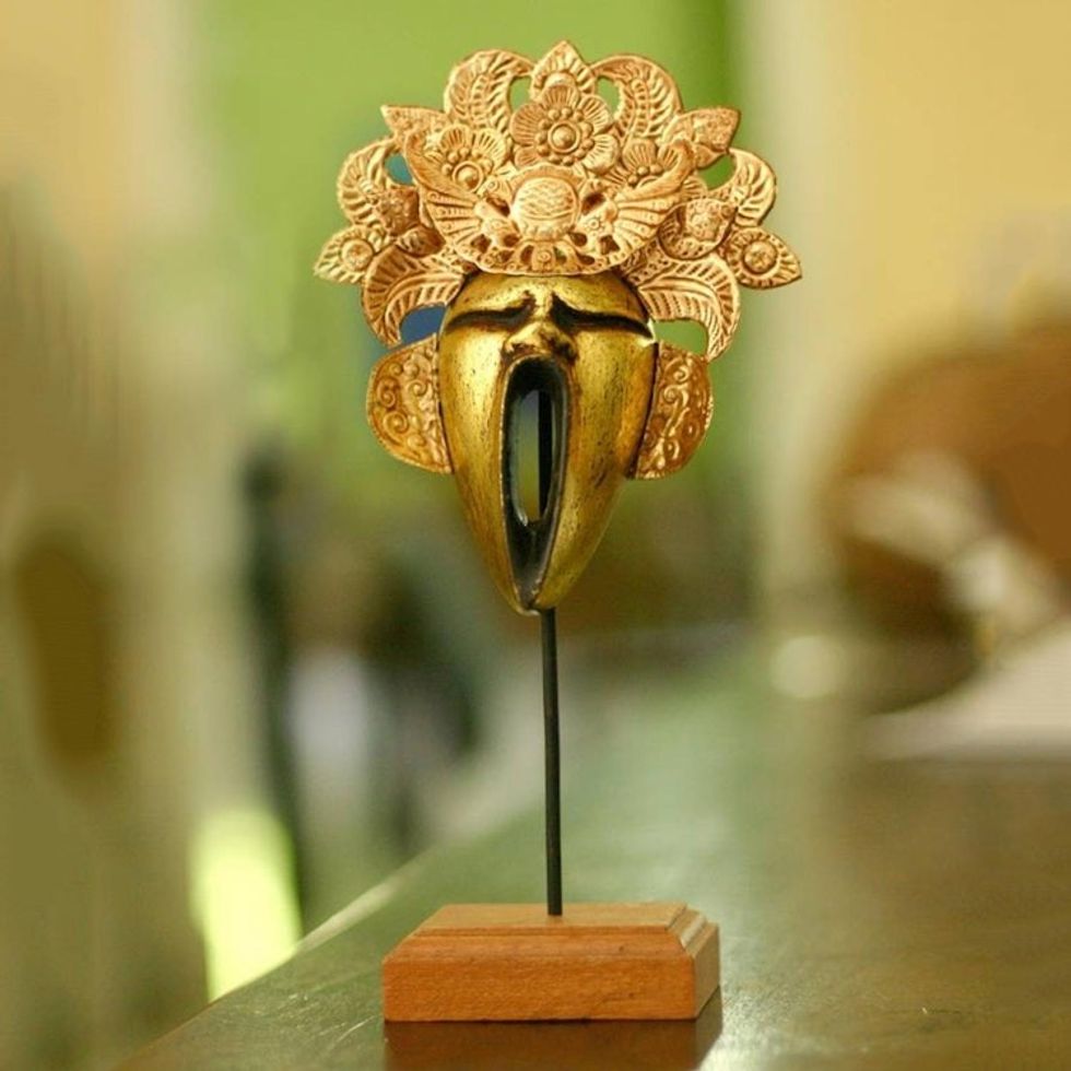 Cultural Copper and Wood Mask from Indonesia 'Yawning King'