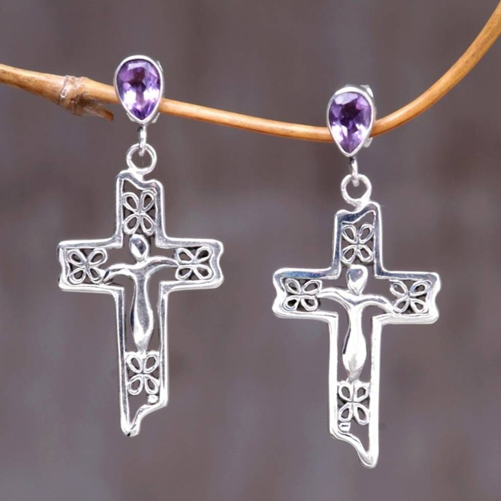 Sterling Silver Amethyst Religious Earrings 'Floral Cross'