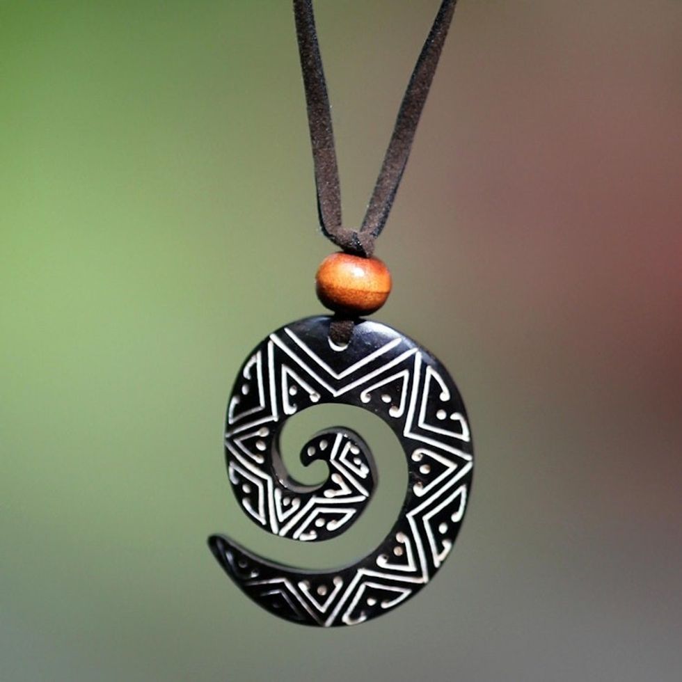 Cow Bone and Wood Pendant Necklace 'Spiraling Star'