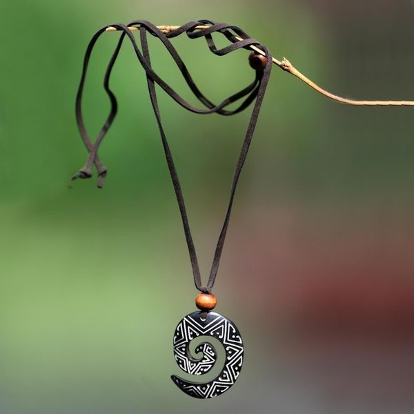 Alternate image for Cow Bone and Wood Pendant Necklace Spiraling Star