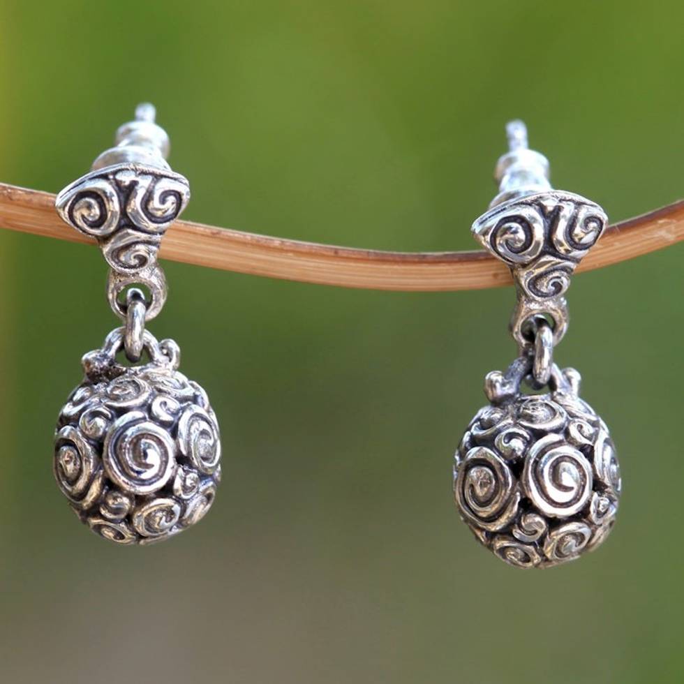 Sterling Silver Dangle Earrings from Indonesia 'Spiral Spheres'