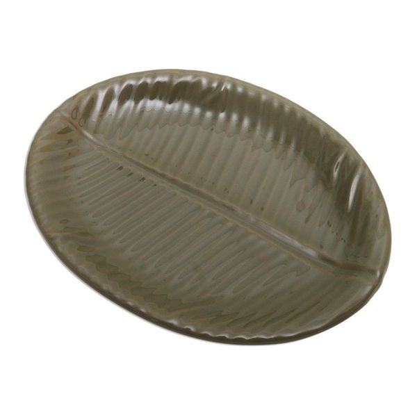 Alternate image for Fair Trade Stoneware Ceramic Serving Platter Oval Banana Leaf
