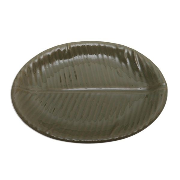 Alternate image for Fair Trade Stoneware Ceramic Serving Platter Oval Banana Leaf