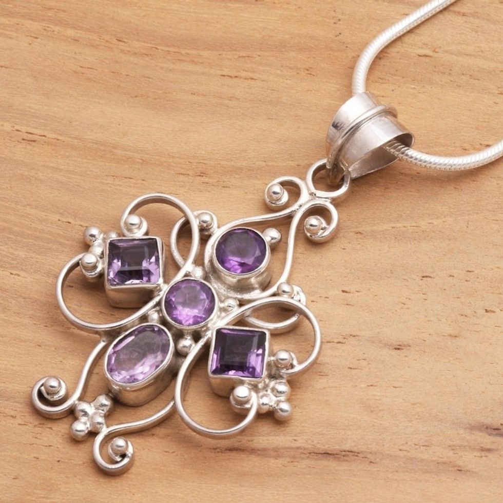 Amethyst Sterling Silver Pendant Necklace 'Floral Cross'