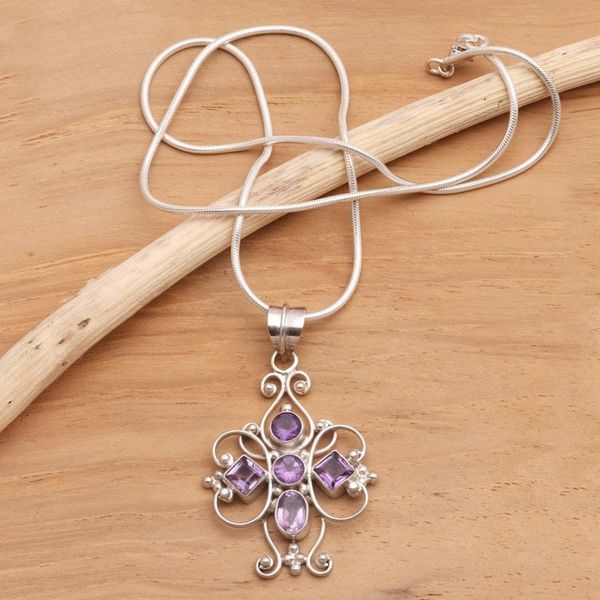 Alternate image for Amethyst Sterling Silver Pendant Necklace Floral Cross