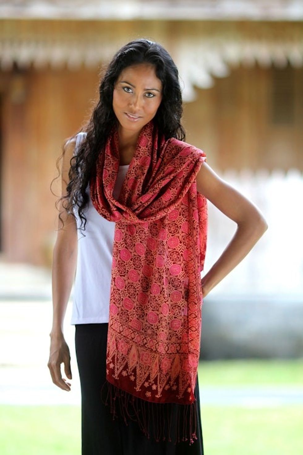 Hand Made Indonesian Silk Shawl 'Scarlet Lily'