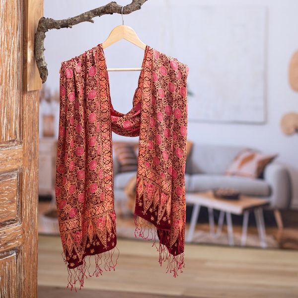 Alternate image for Hand Made Indonesian Silk Shawl Scarlet Lily