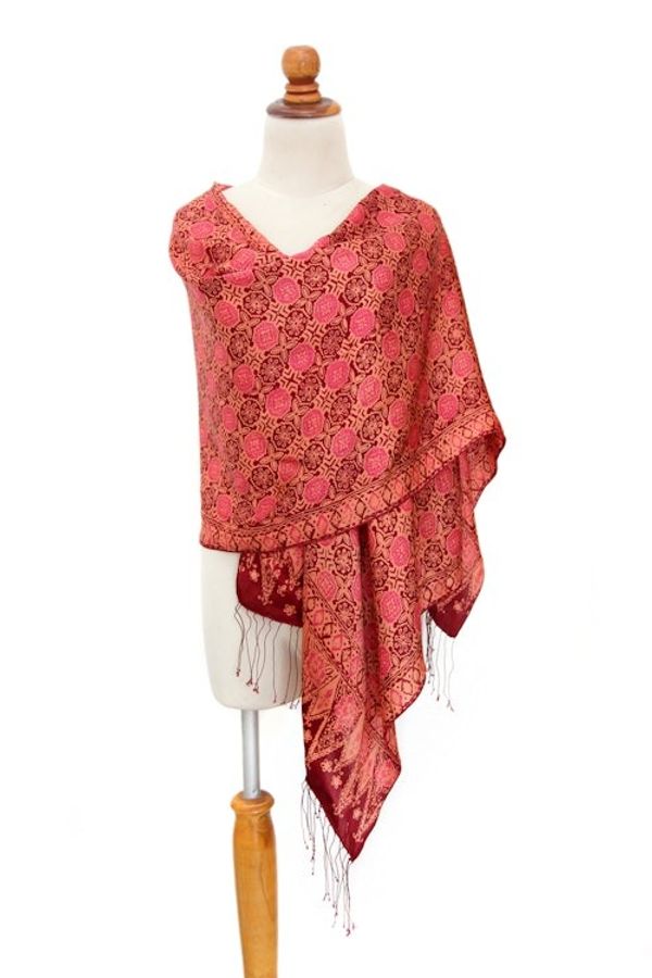 Alternate image for Hand Made Indonesian Silk Shawl Scarlet Lily