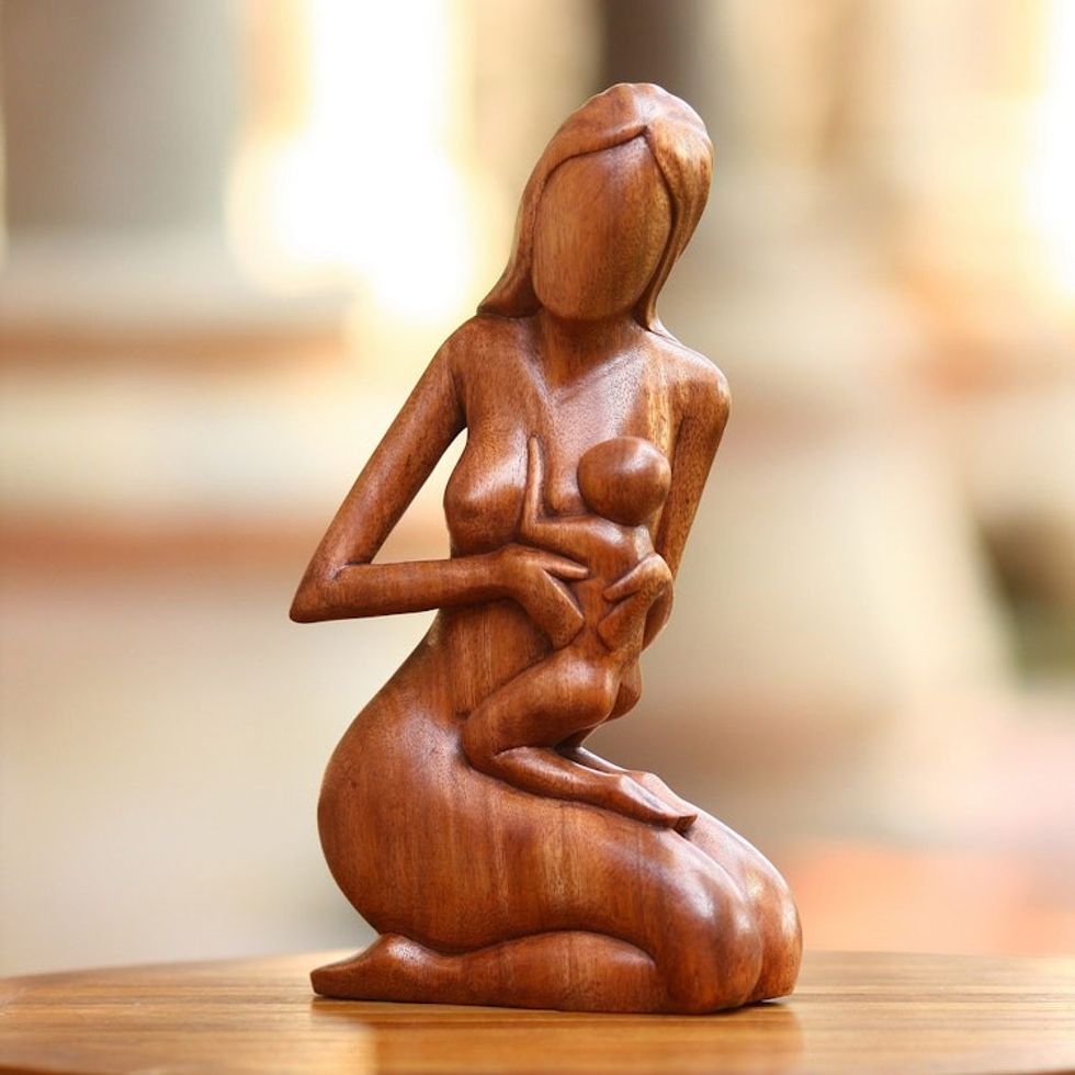 Hand Carved Suar Wood Sculpture 'Mother and Her Child'