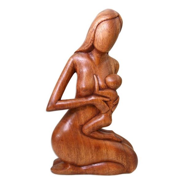 Alternate image for Hand Carved Suar Wood Sculpture Mother and Her Child
