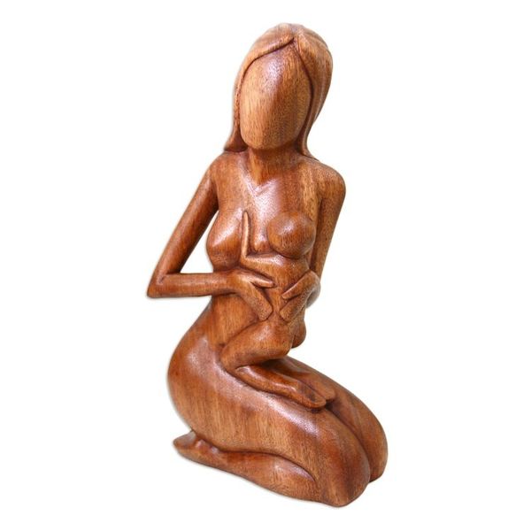 Alternate image for Hand Carved Suar Wood Sculpture Mother and Her Child