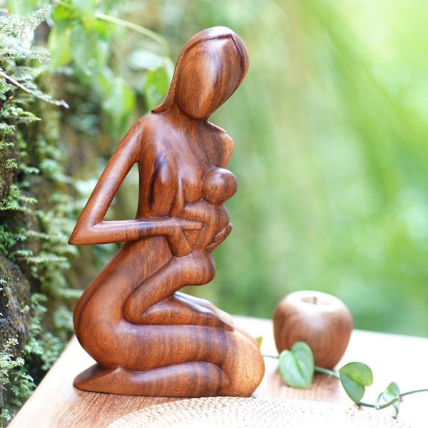 Alternate image for Hand Carved Suar Wood Sculpture Mother and Her Child