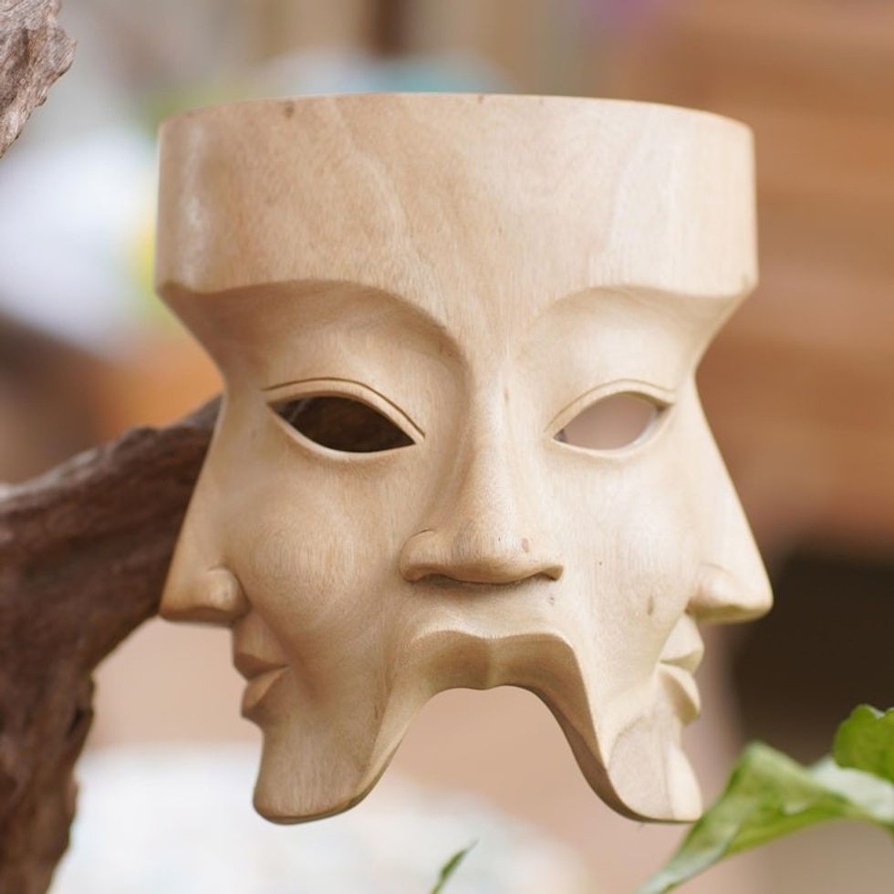 Religious Hibiscus Wood Mask 'Hindu Divine Trinity'