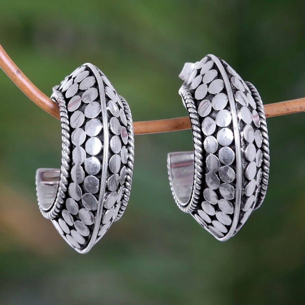 Sterling Silver Half Hoop Earrings from Indonesia 'Snakeskin Hoops'