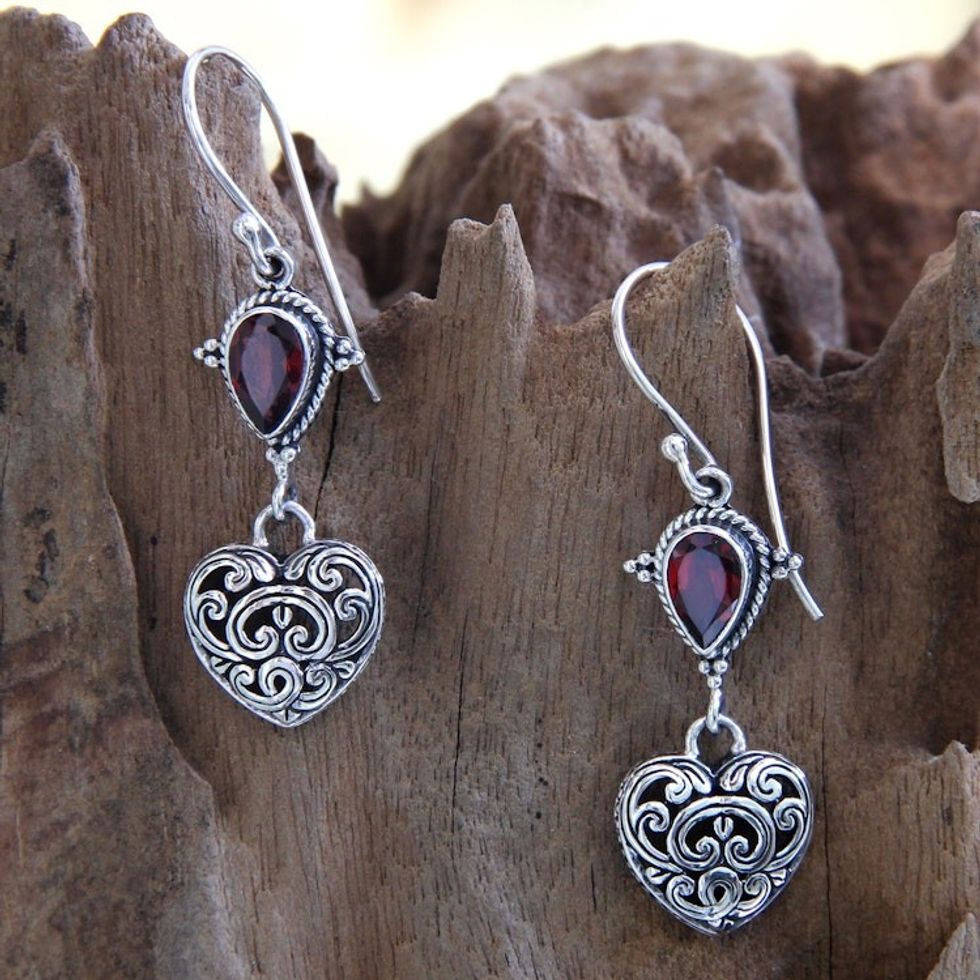 Heart Shaped Sterling Silver and Garnet Earrings 'Love's Compassion'
