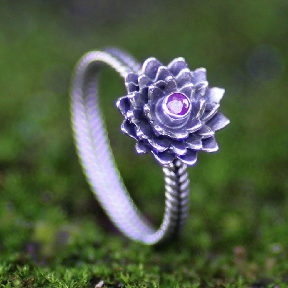 Hand Made Floral Sterling Silver and Ruby Ring 'July Water Lily'