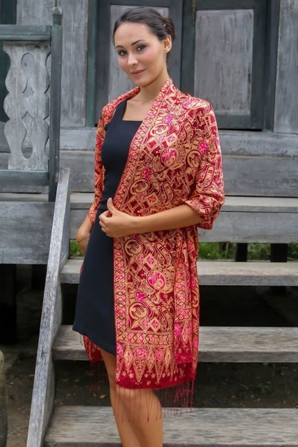 Artisan Crafted Geometric Silk Patterned Shawl 'Jakarta Lady'