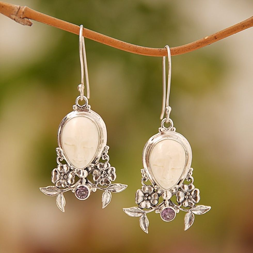 Amethyst and Hand Carved Floral Earrings 'Mother Earth Sleeps'