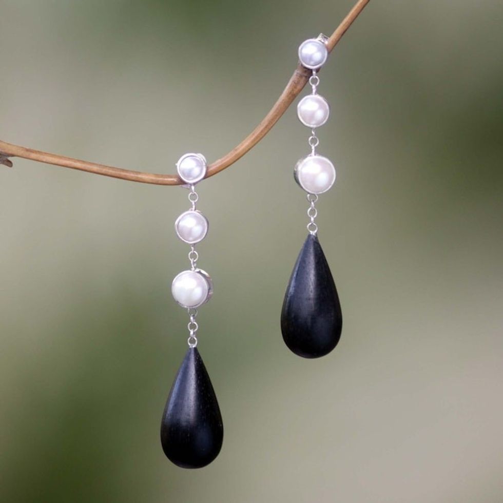 Ebony Wood and Pearl Dangle Earrings 'Night Tear'
