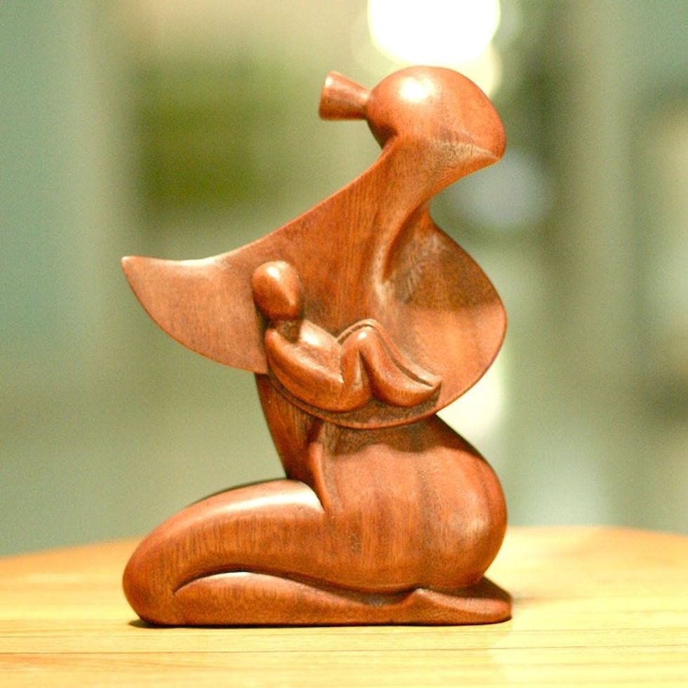 Handcrafted Mother and Child Wood Sculpture 'A Mother's Love'