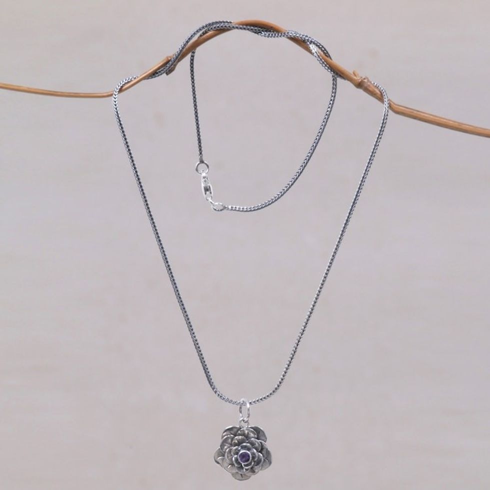 Artisan Crafted Silver and Amethyst Flower Necklace 'Holy Lotus'