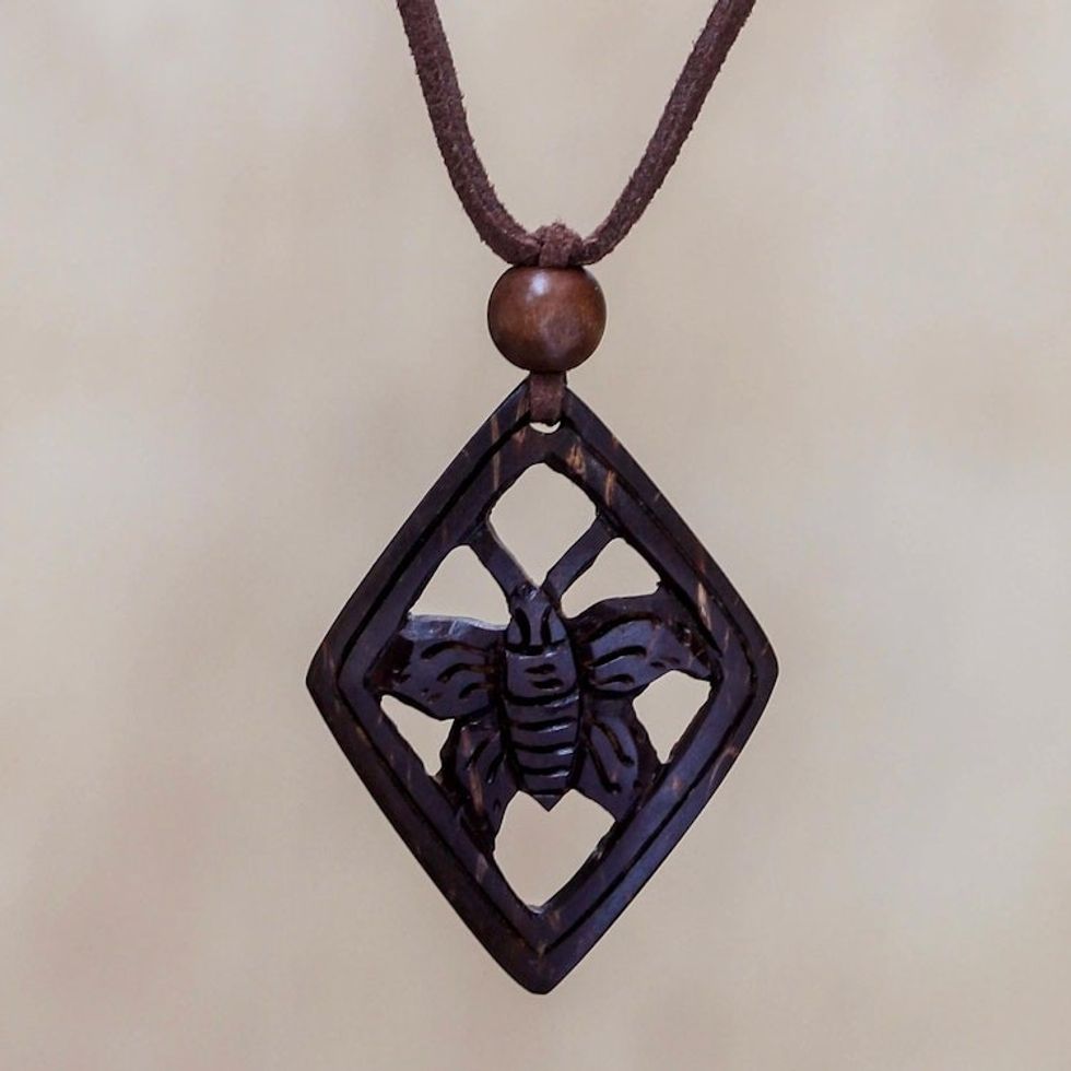 Coconut shell pendant necklace 'Butterfly Muse'
