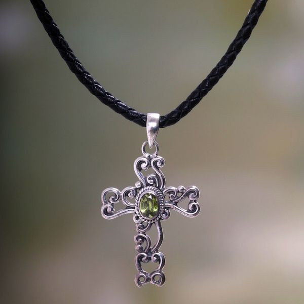 Alternate image for Handmade Religious Peridot Necklace Balinese Cross