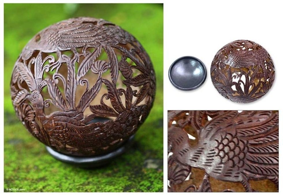 Handcrafted Coconut Shell Sculpture 'Elegant Peacock'