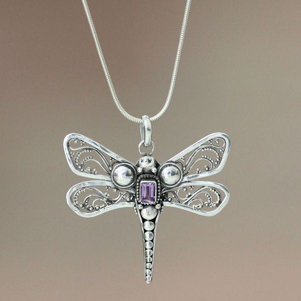 Alternate image for Amethyst and Sterling Silver Necklace Lavender Dragonfly