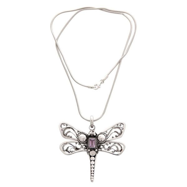 Alternate image for Amethyst and Sterling Silver Necklace Lavender Dragonfly