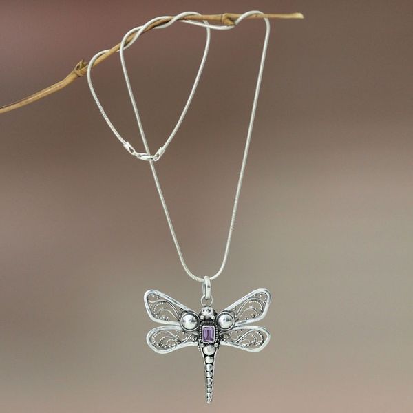 Alternate image for Amethyst and Sterling Silver Necklace Lavender Dragonfly