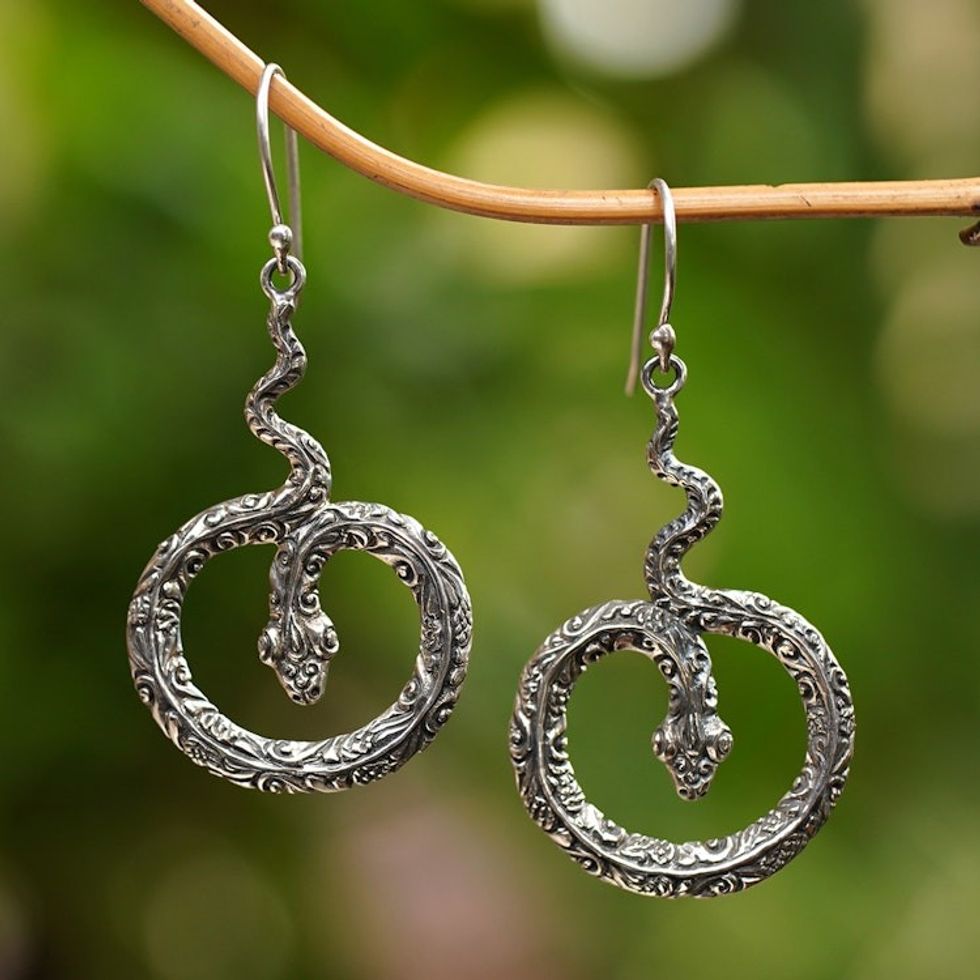 Artisan Crafted Sterling Silver Snake Earrings 'Magic Serpent'