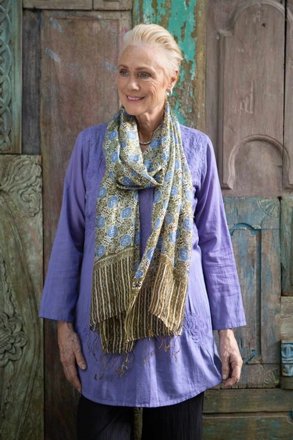 Indonesian Floral Silk Shawl 'Blue Floral Stars'