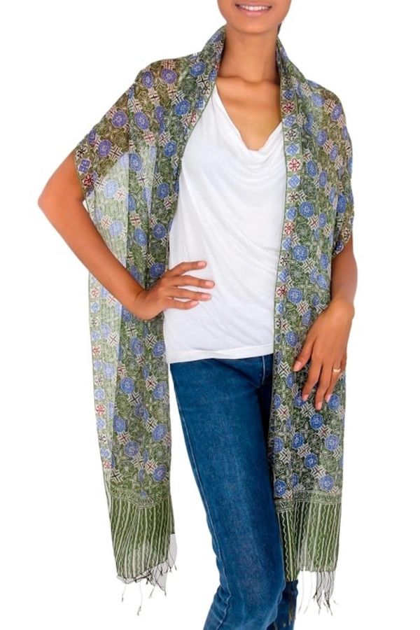 Alternate image for Indonesian Floral Silk Shawl Blue Floral Stars