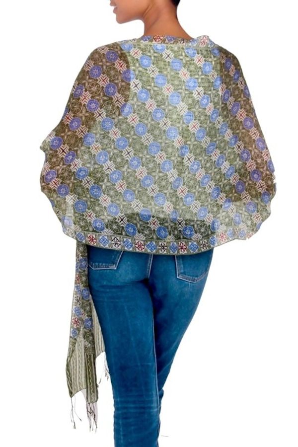 Alternate image for Indonesian Floral Silk Shawl Blue Floral Stars