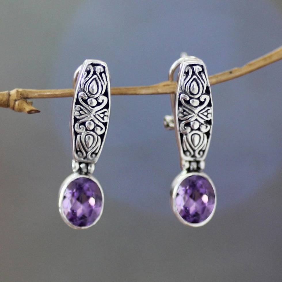 Sterling Silver and Amethyst Drop Earrings 'Pura Dalem'