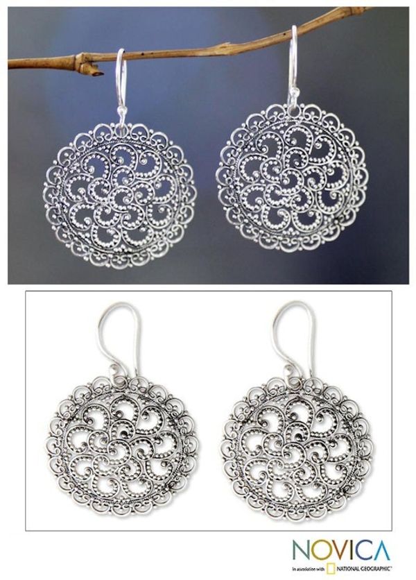 Alternate image for Hand Crafted Sterling Silver Dangle Earrings Filigree Chrysanthemum
