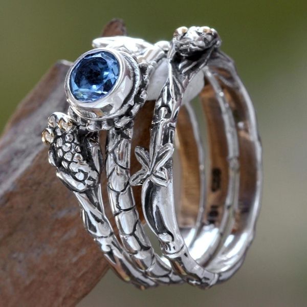 Alternate image for Blue Topaz and Sterling Silver Stacking Rings Tree Frog