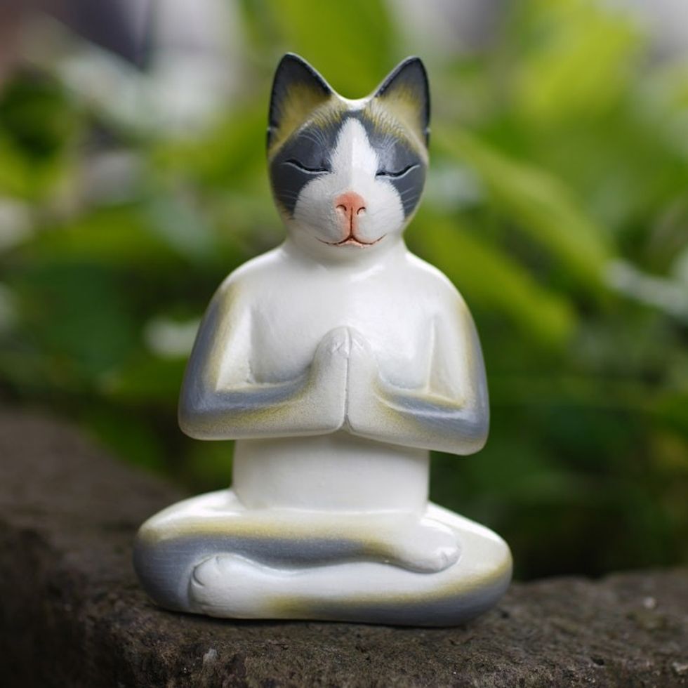 Unique Wood Cat Sculpture 'Cat in Meditation'