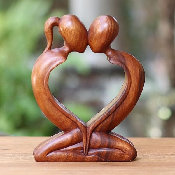 Alternate image for Handcrafted Indonesian Romantic Wood Sculpture Kiss Me Quick