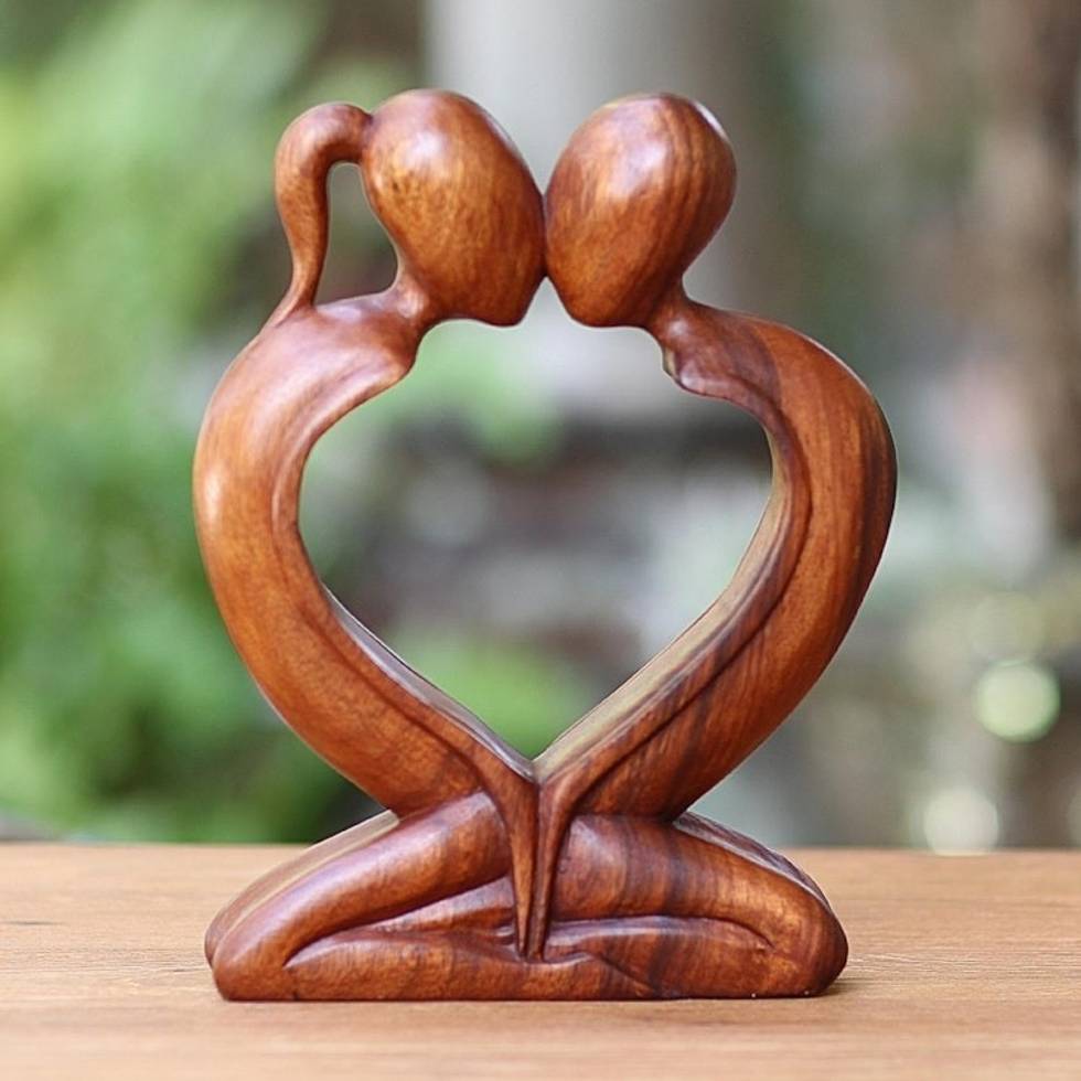 Handcrafted Indonesian Romantic Wood Sculpture 'Kiss Me Quick'