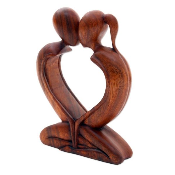 Alternate image for Handcrafted Indonesian Romantic Wood Sculpture Kiss Me Quick