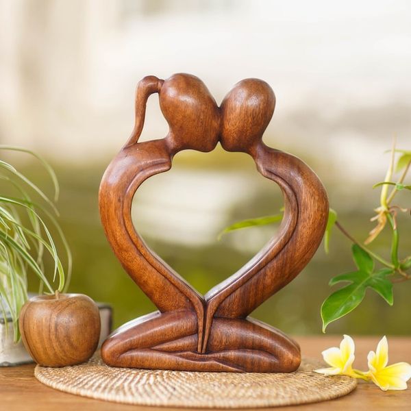 Alternate image for Handcrafted Indonesian Romantic Wood Sculpture Kiss Me Quick